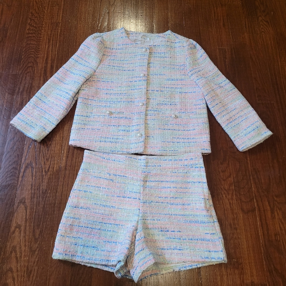 👧 Janie and Jack Pastel Tweed Jacket and Shorts Set